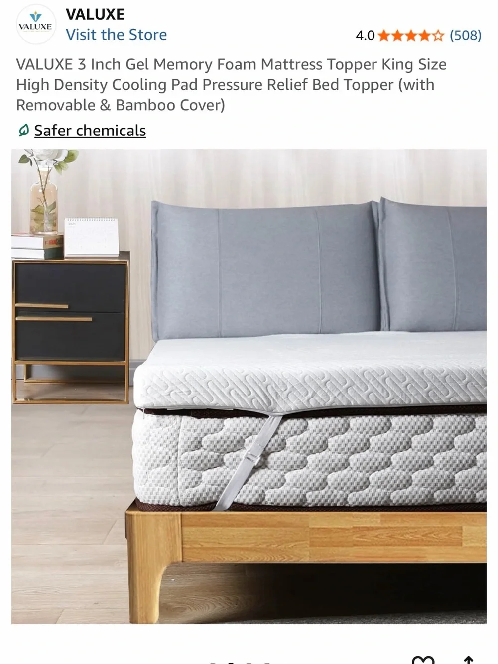 3” Gel Memory Foam Mattress Topper with Elastic Strap - King Size NIB